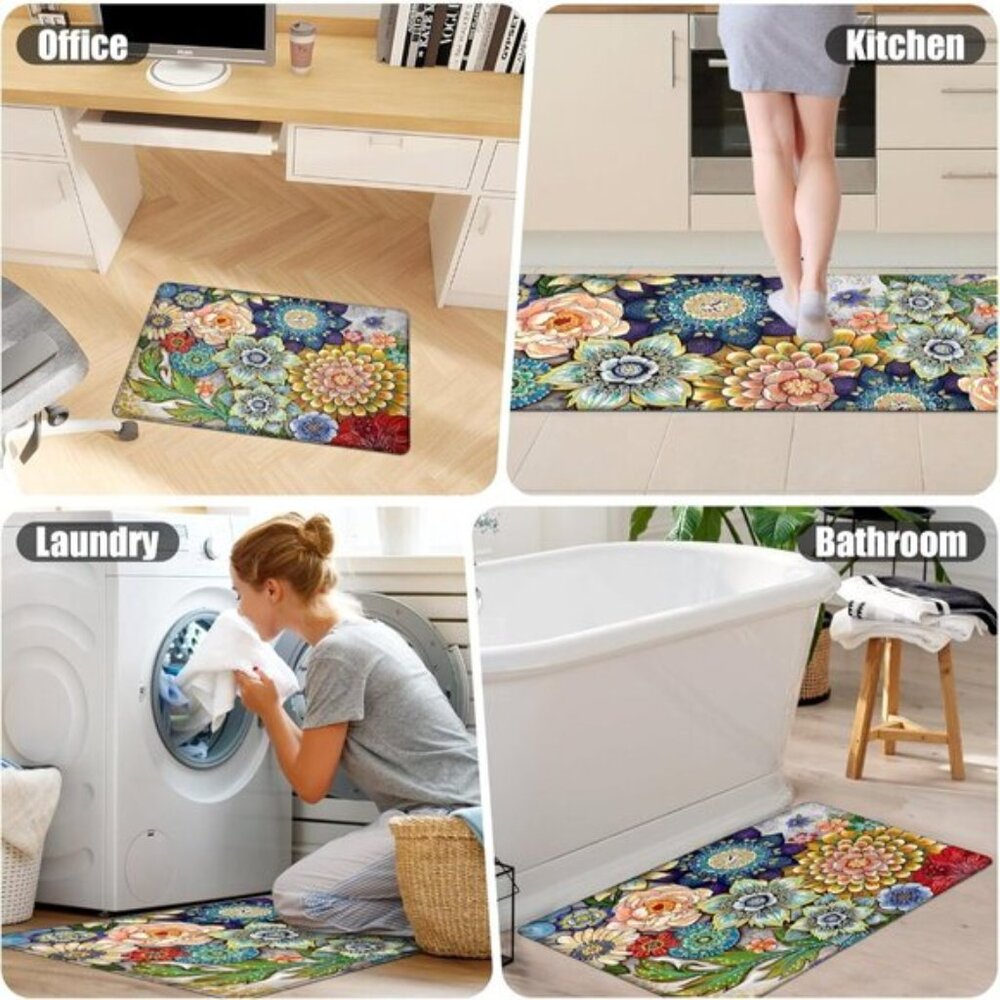 New 2PCS Floral Kitchen Rugs, Non-Slip Cushioned Anti-Fatigue Floor Mats - Picture 6 of 8